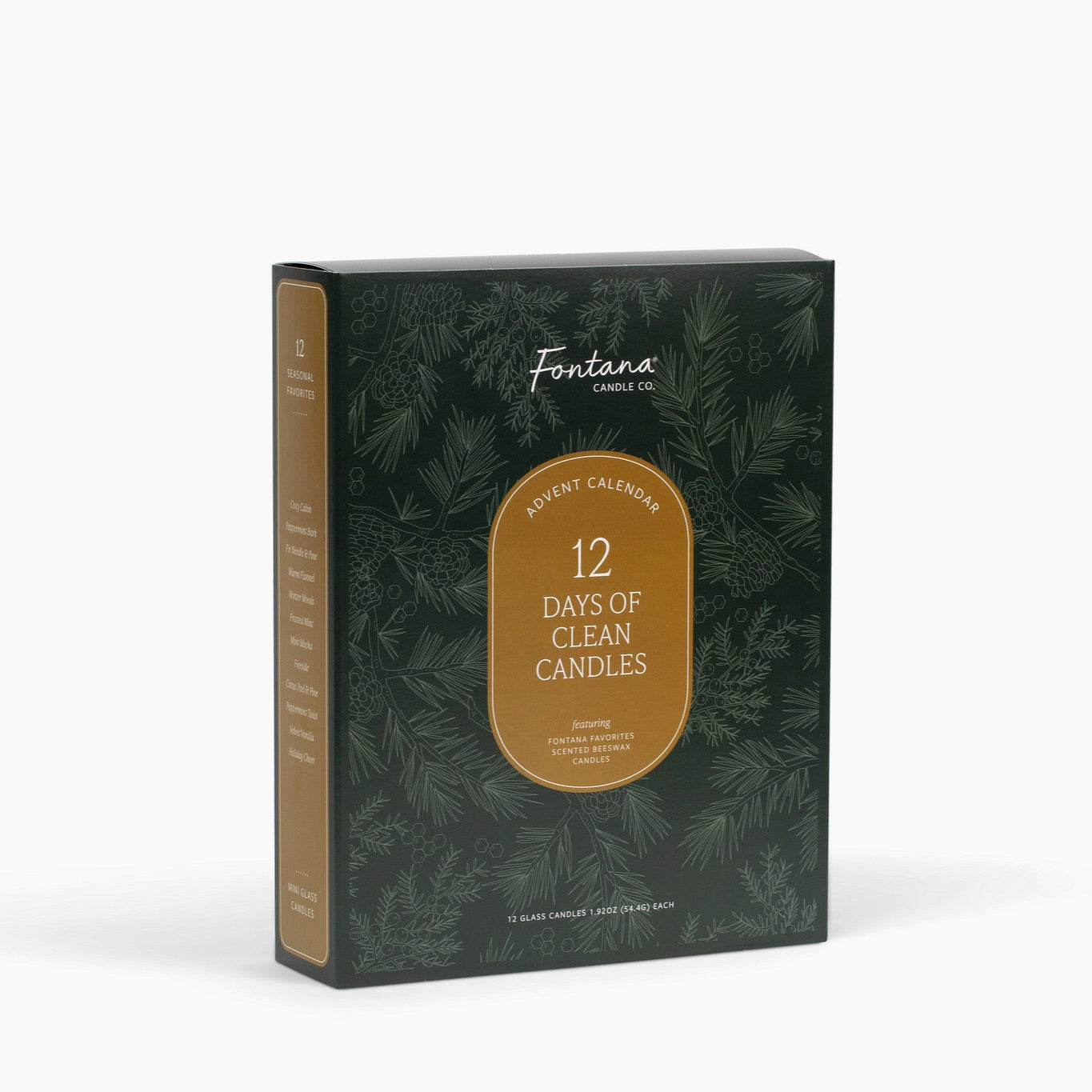 Side shot of the Fontana Advent Calendar, showing the gold spine of the box, on a white background.