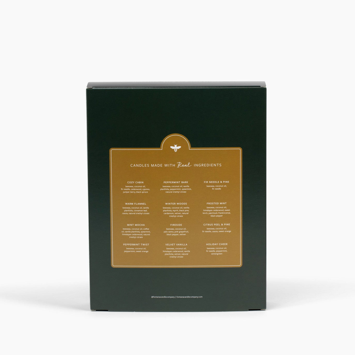 Dark green advent calendar box with gold accents highlighting the 12 scents inside.