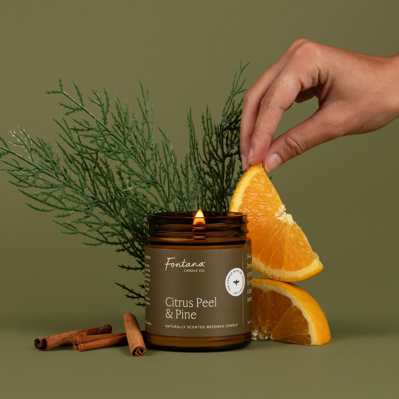 Candle with 'Citrus Peel &amp; Pine' scent surrounded by orange slices, cinnamon sticks, and greenery on a green background.