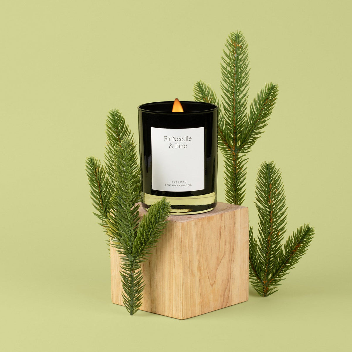 Black Noir candle with a white label saying Fir needle &amp; Pine, surrounded by pine needles