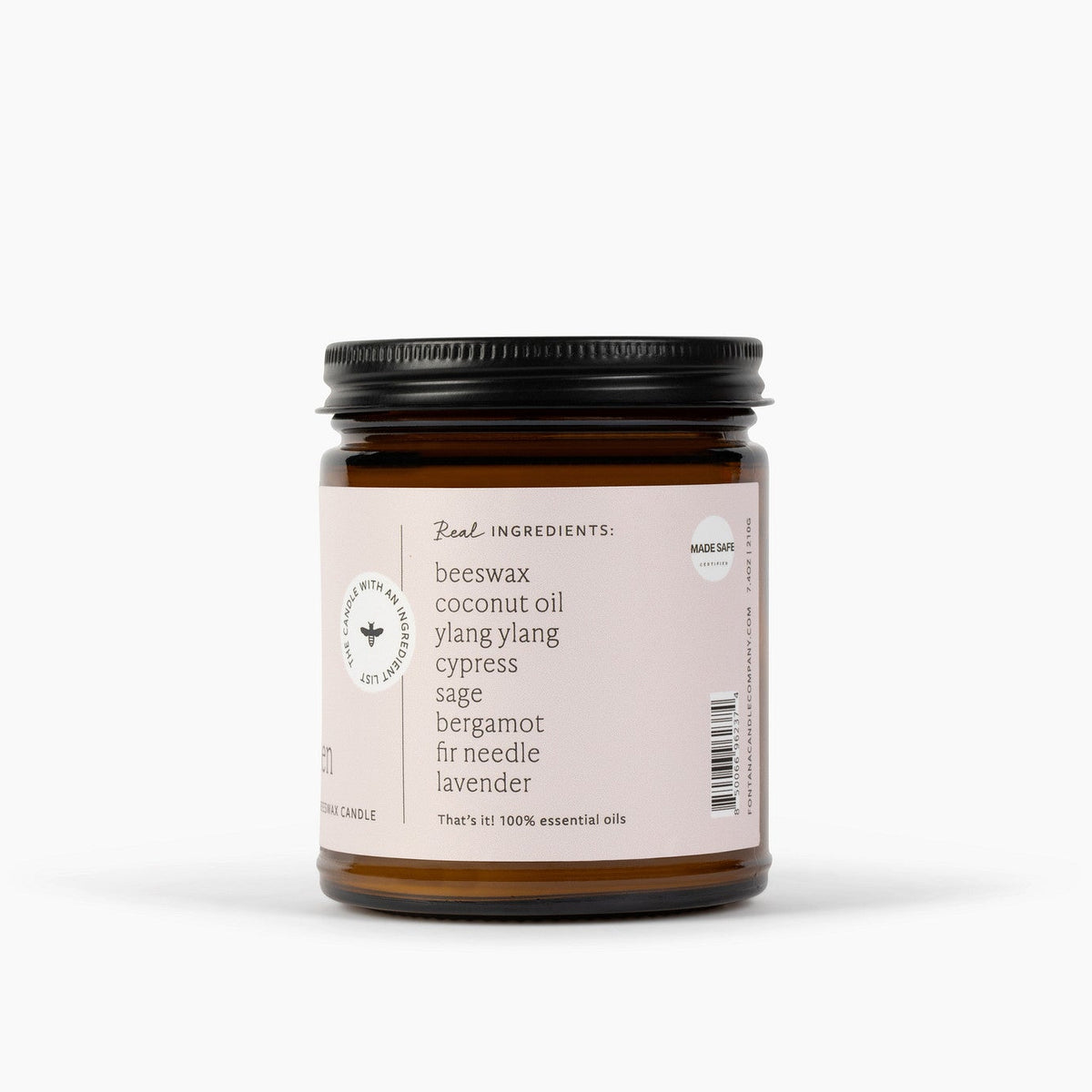 side view of the fresh linen 9oz jar candle, showcasing the ingredients that are in the candle 