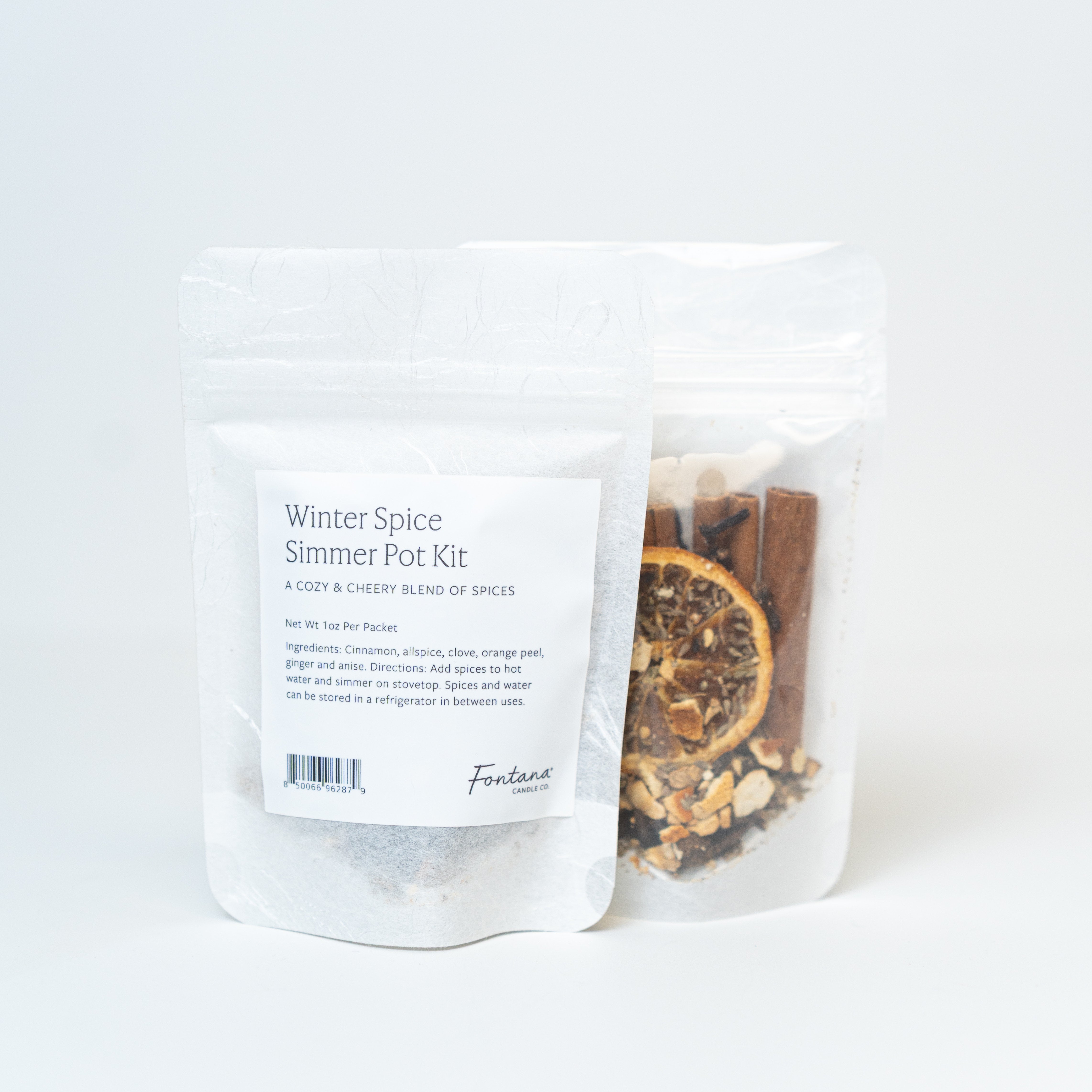 Winter Spice Simmer Pot Kit packaging with visible spices inside on a white background