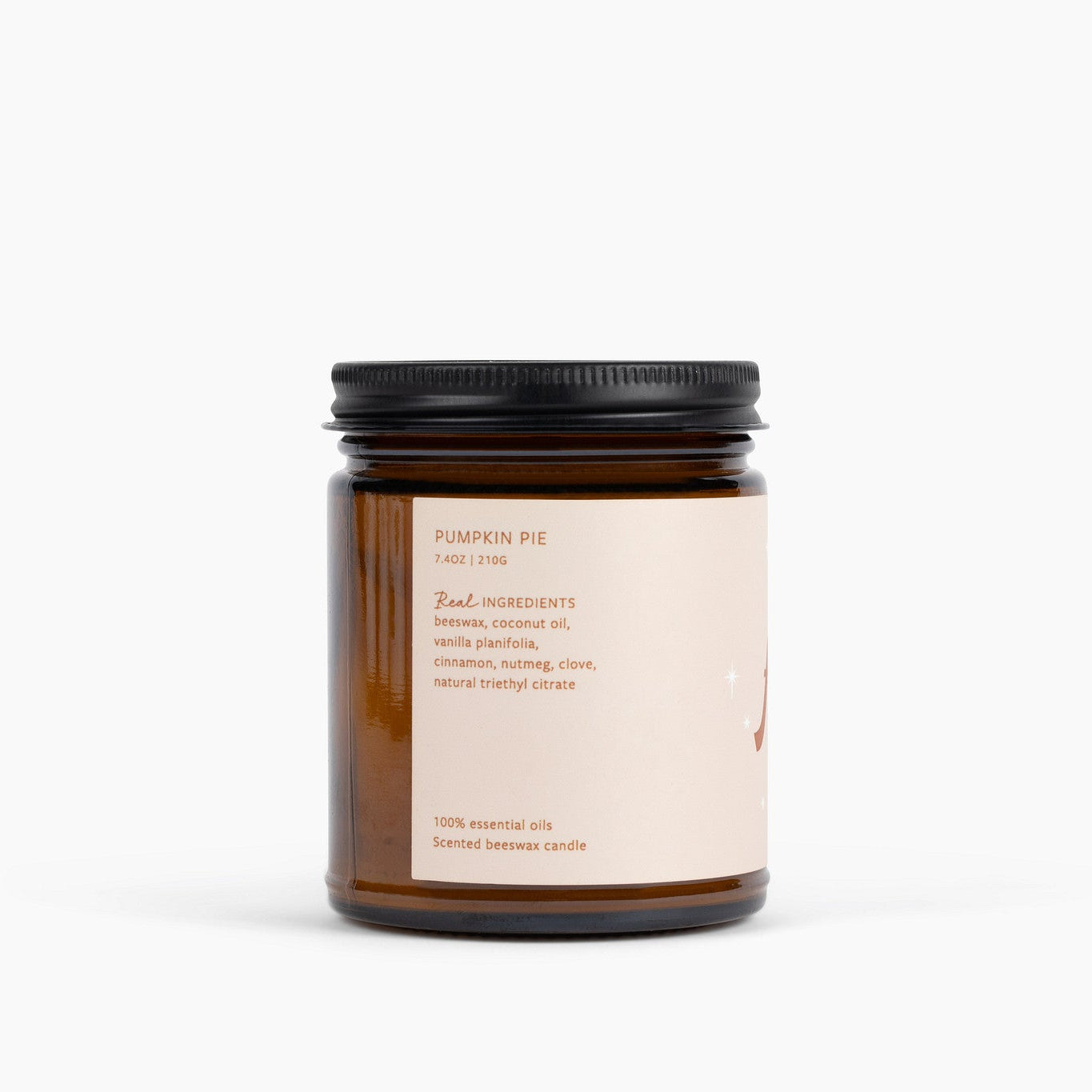 Candle jar with a black lid and beige label on a white background
