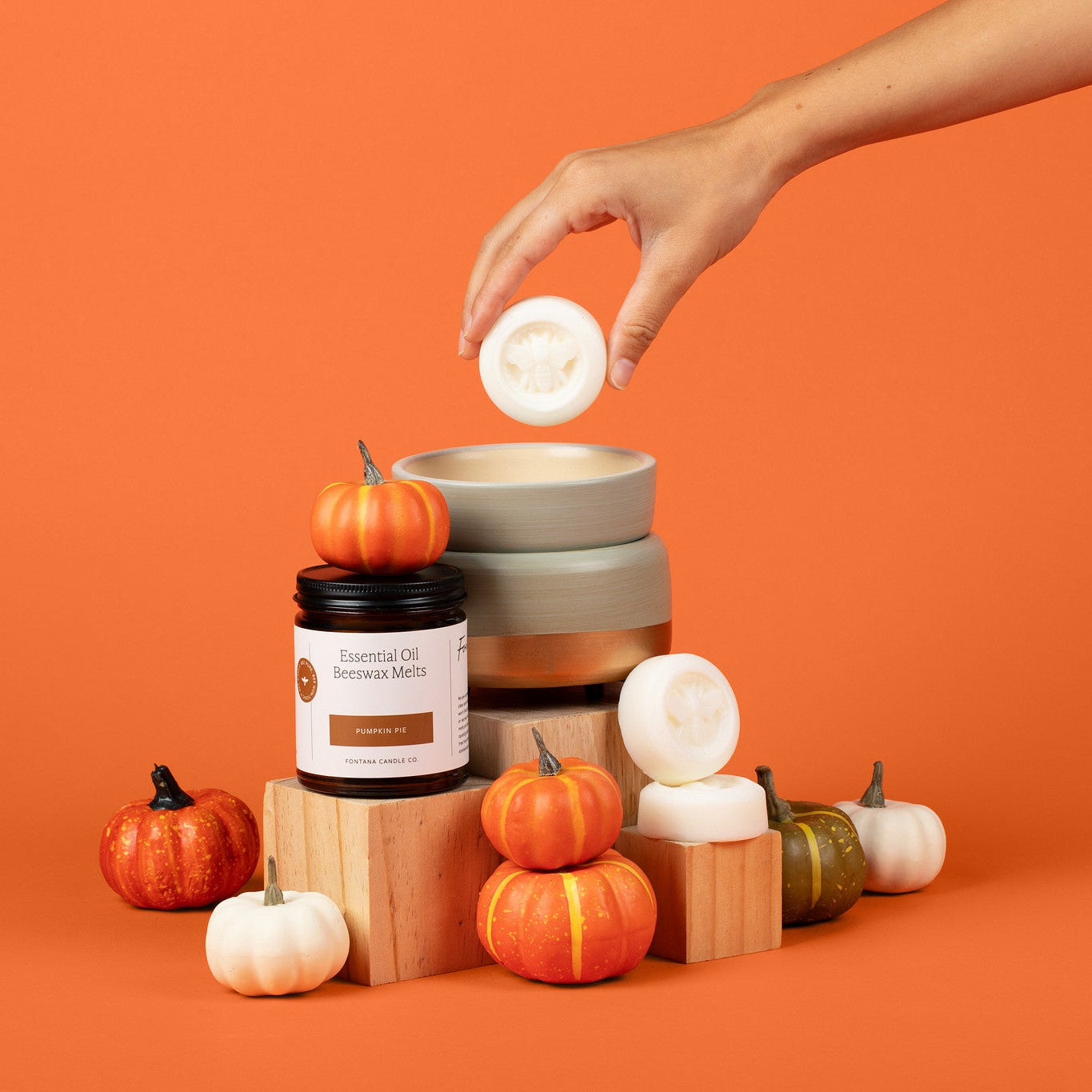 Hand placing a white puck in a wax melter with pumpkins and jars on an orange background