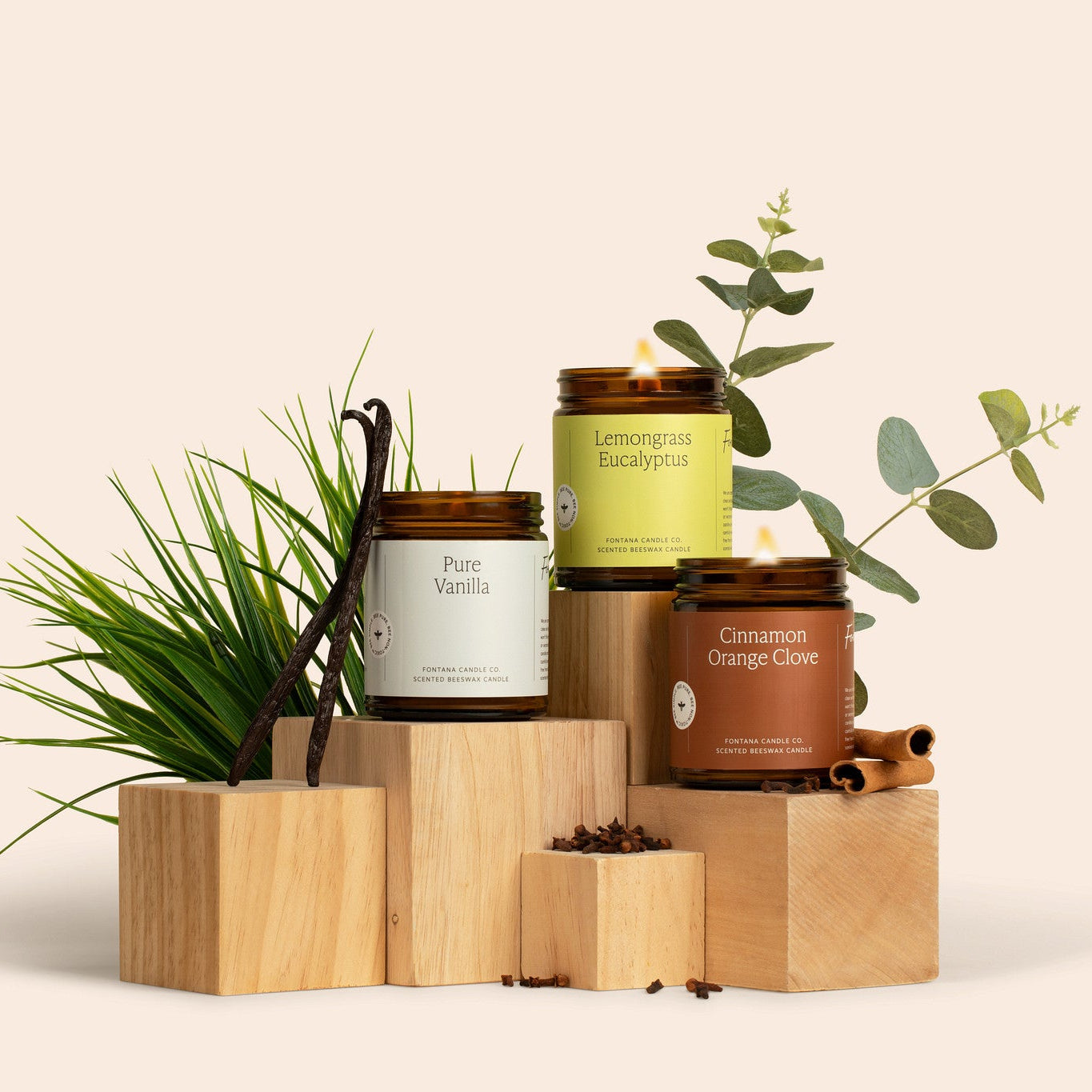 pure vanilla, cinnamon orange clove and lemongrass eucalyptus candles on wooden blocks, surrounded by vanilla beans, cinnamon sticks, cloves, lemongrass and eucalyptus against a neutral background
