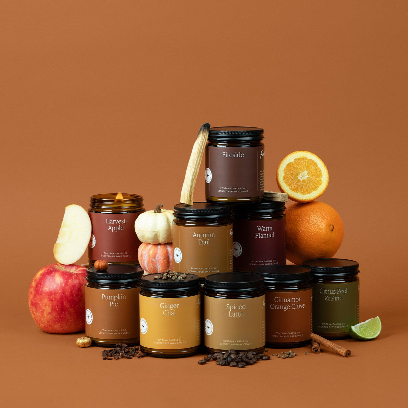 Collection of 9 amber glass jar candles with autumn-themed packaging on a brown background, surrounded by apple slices, pumpkins, oranges, spices, coffee, and palo santo sticks. 