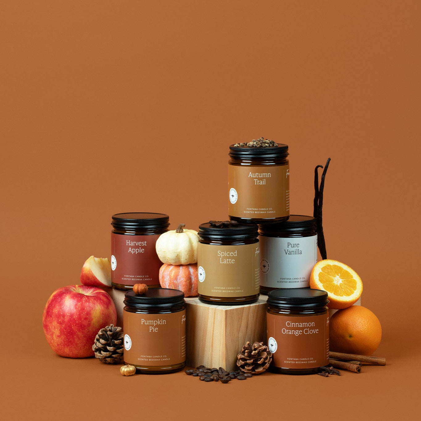 6 amber jar candles in front of an orange background, surrounded by apple slices, pumpkins, pinecones, vanilla beans, and oranges.
