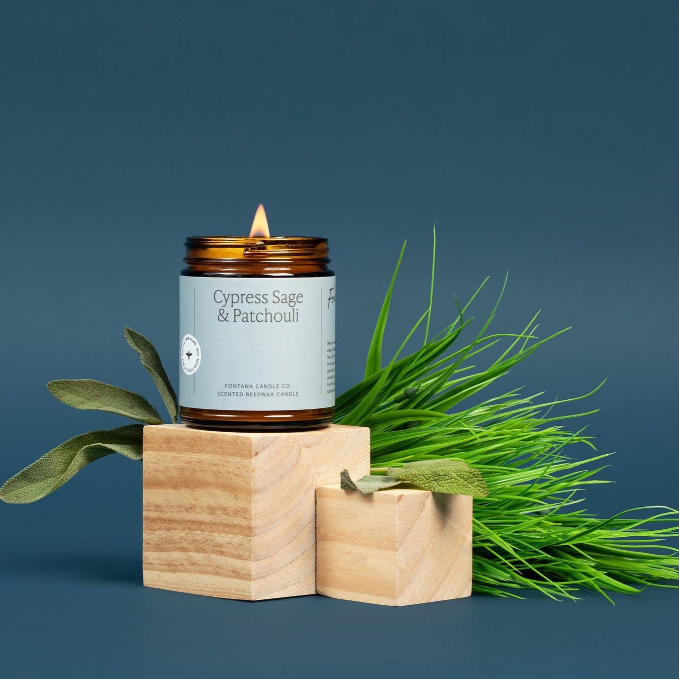 Lit amber glass jar candle with a light blue label, surrounded by greenery, on a dark blue background. 