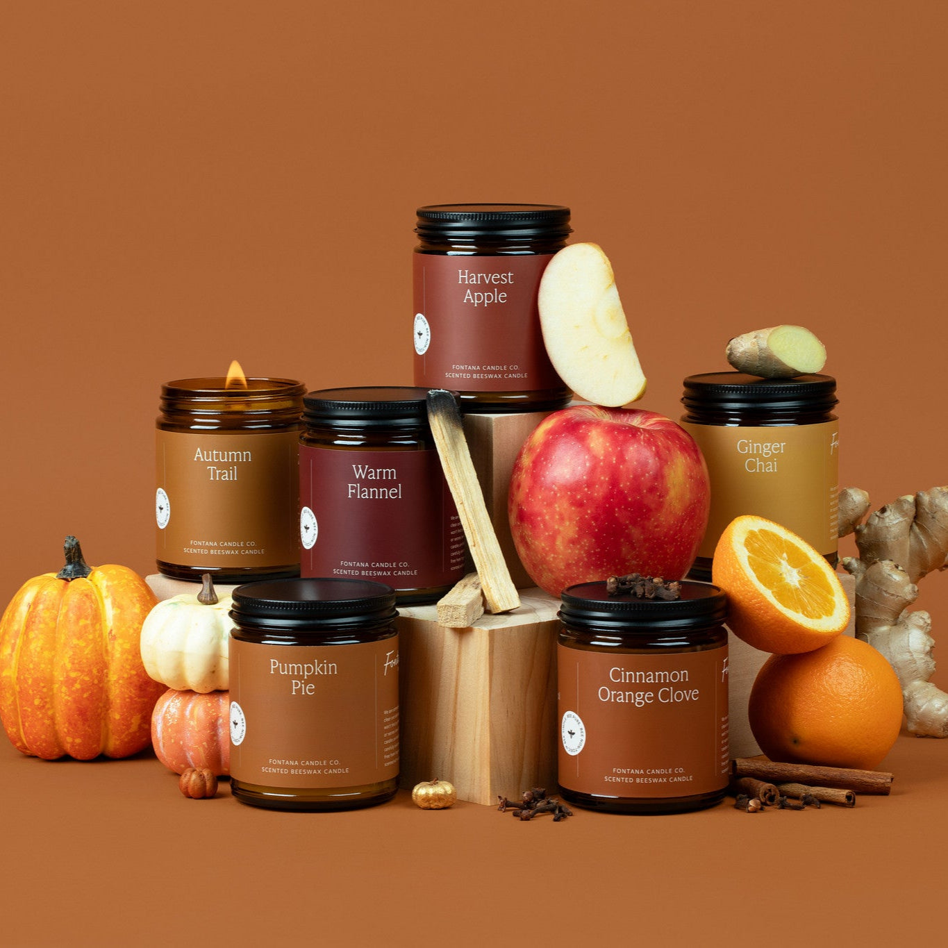 Collection of 6 amber glass jar candles with autumn-themed packaging on a brown background, surrounded by pumpkins, apple slices, spices, and cinnamon sticks.
