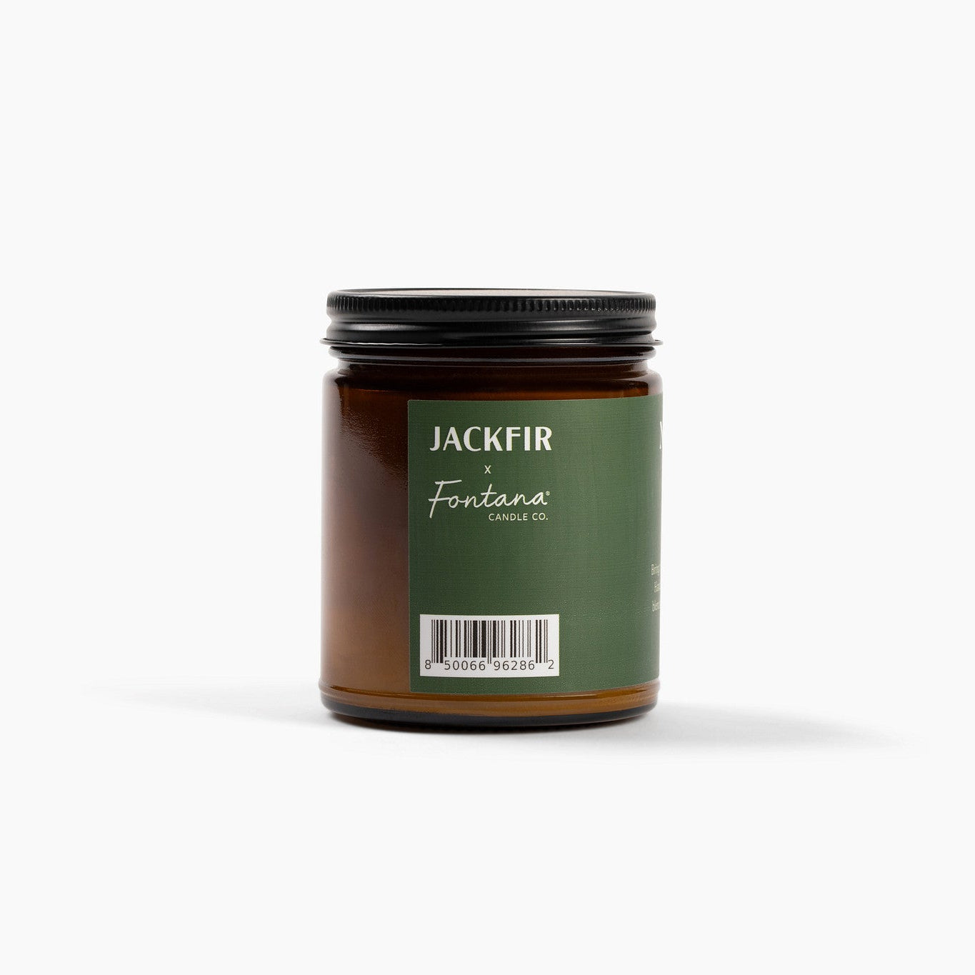 Jar with a green label and black lid on a white background