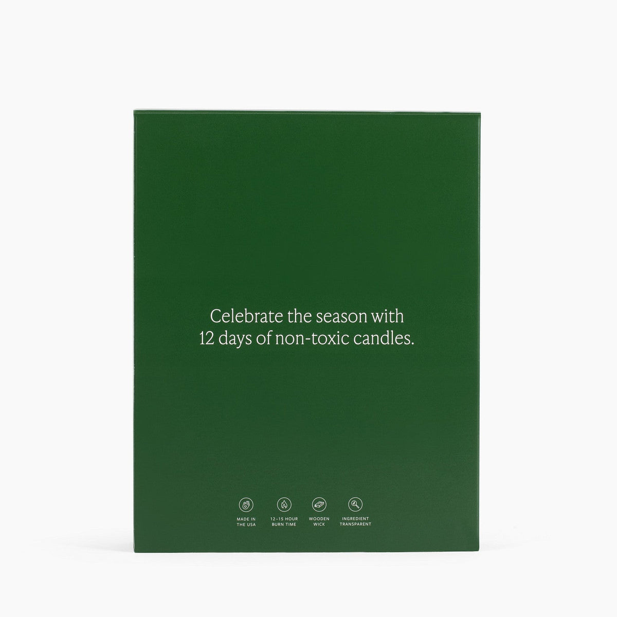 Back view of the advent calendar box, showing a dark green color with the text "Celebrate the season with 12 days of non-toxic candles"