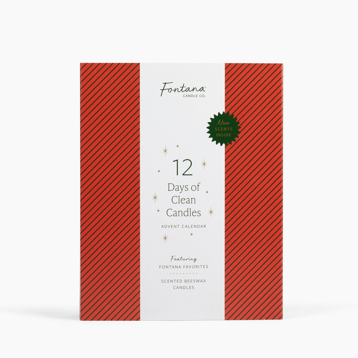 Front view of the 12 Days of Clean Candles Advent Calendar, with festive red and green striping with gold accents.