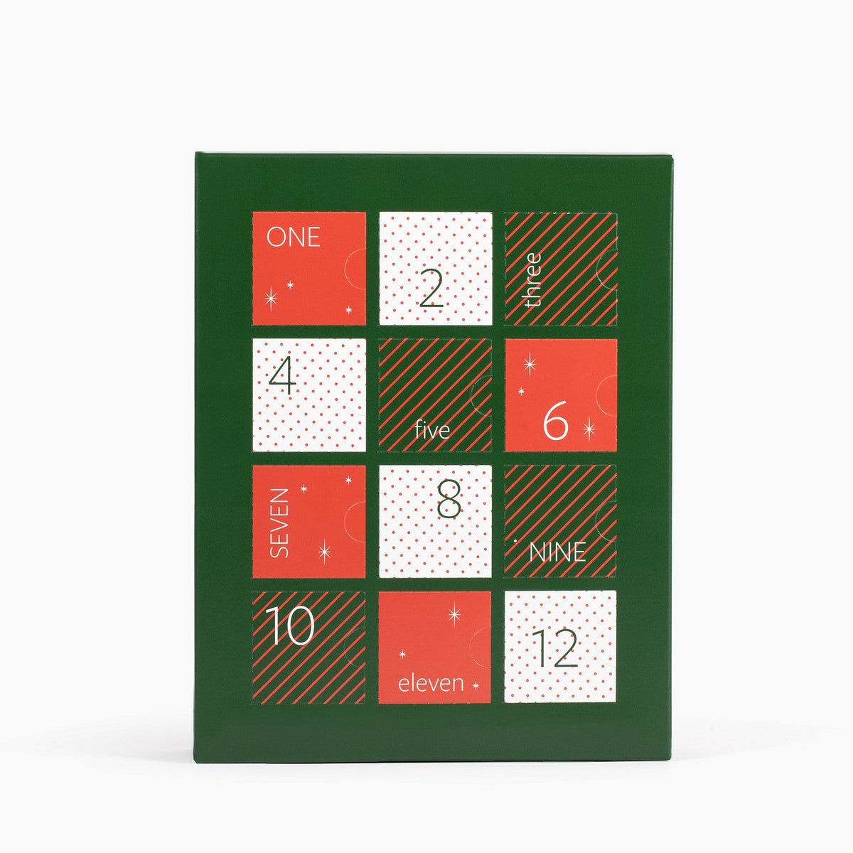Interior box of the advent calendar, showing the festive 12 doors to open for the 12 clean candles, in front of a white background.