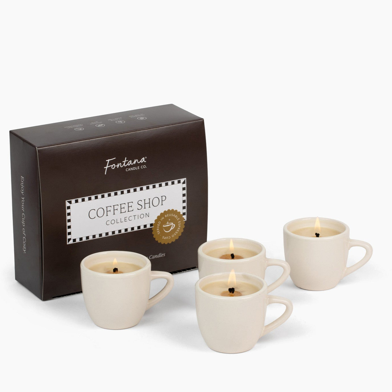 Set of 4 coffee cup-shaped candles with a 'Fontana' branded box on a white background.