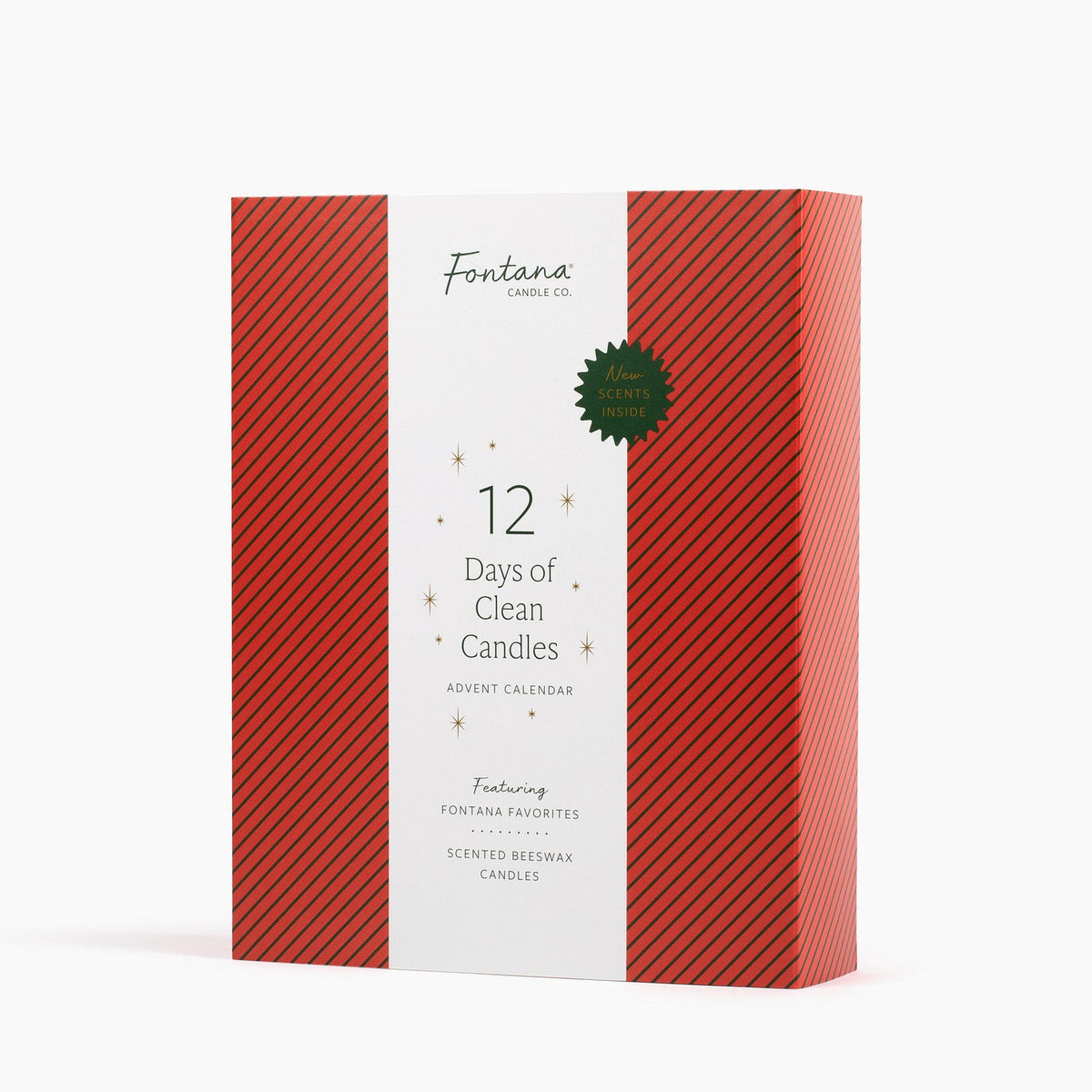 Front view of the 12 Days of Clean Candles Advent Calendar box, featuring green and red striping, in front of a white background.