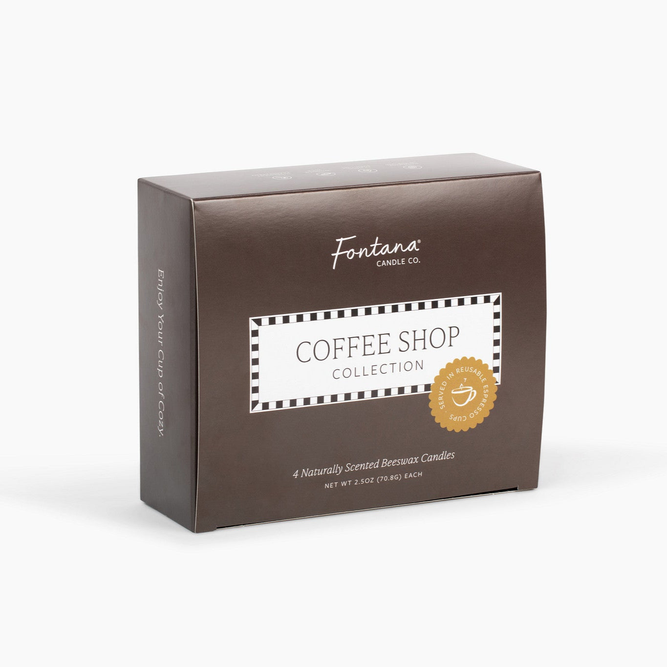 Box of brown Fontana Coffee Shop Collection candles on a white background
