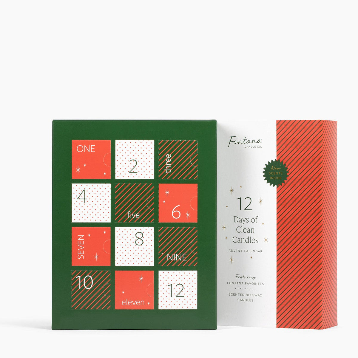 Front outside and interior shot of the festive 12 Days of Clean Candles boxes, in front of a white background.
