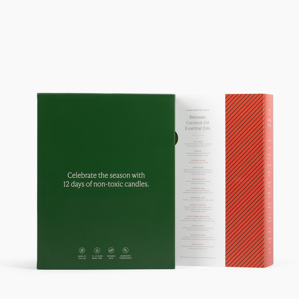 Front outside and interior shot of the festive 12 Days of Clean Candles boxes, in front of a white background.
