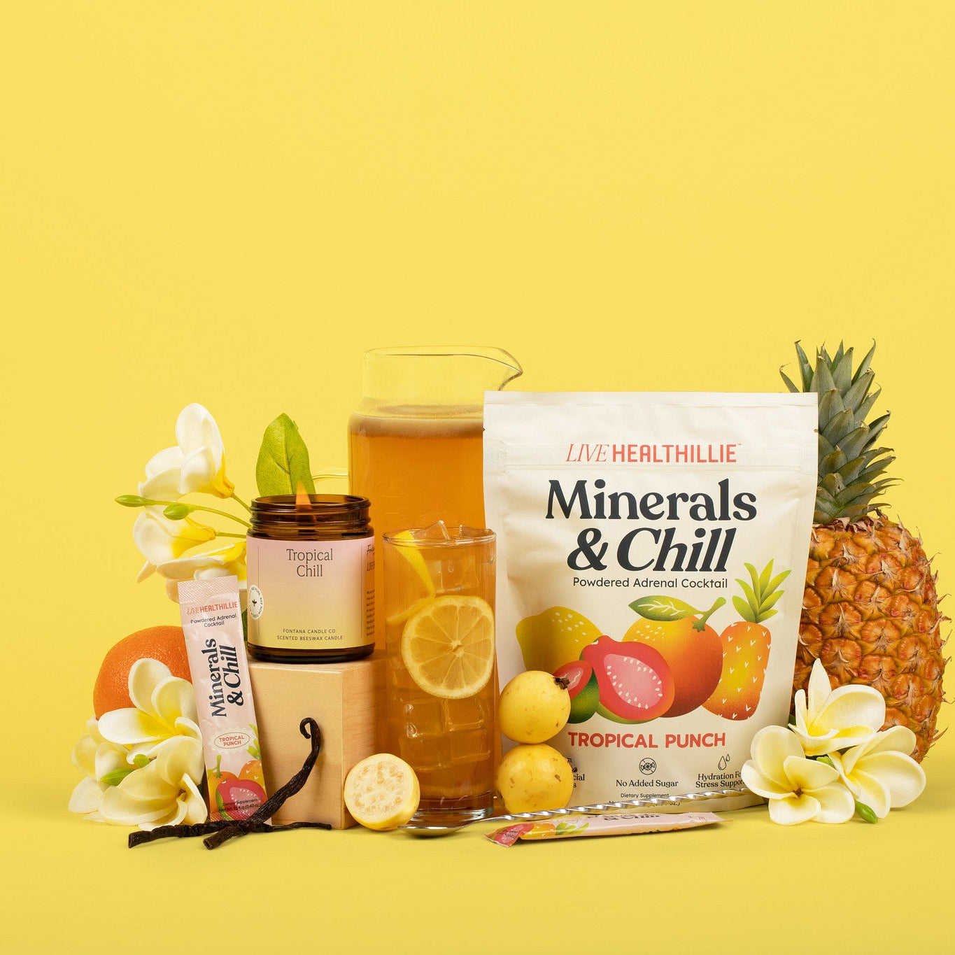 Minerals & Chill product with tropical fruits and a pineapple on a yellow background.