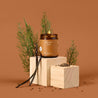Lit amber glass jar candle labeled 'Autumn Forest' on a wooden block with greenery against a brown background.