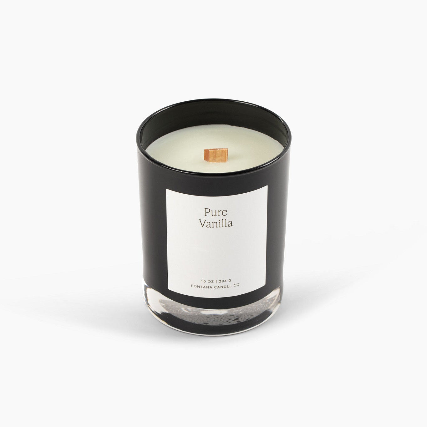 Unlit black glass candle with a wooden wick on a white background.