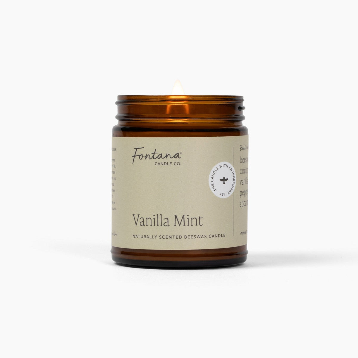 front view of the vanilla mint 9oz jar candle, showing the scent name and fontana label