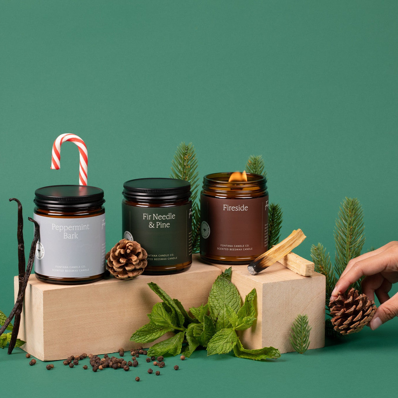 Collection of 3 amber glass jar candles, surrounded by vanilla, candy cane, evergreen branches, and pinecones in front of a green background.