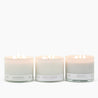 3 lit 3-wick candles in white glass vessels: Citrus Peel and Pine, Cinnamon Orange Clove, and Spiced Latte.